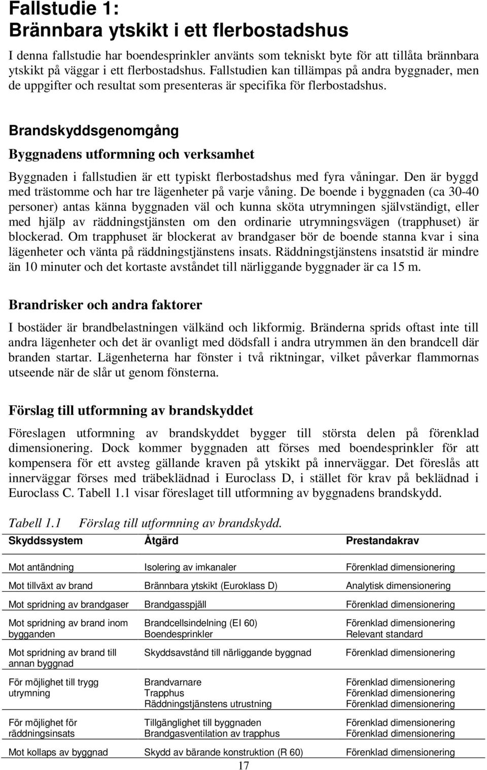 Brandskyddsgenomgång Byggnadens utformning och verksamhet Byggnaden i fallstudien är ett typiskt flerbostadshus med fyra våningar. Den är byggd med trästomme och har tre lägenheter på varje våning.