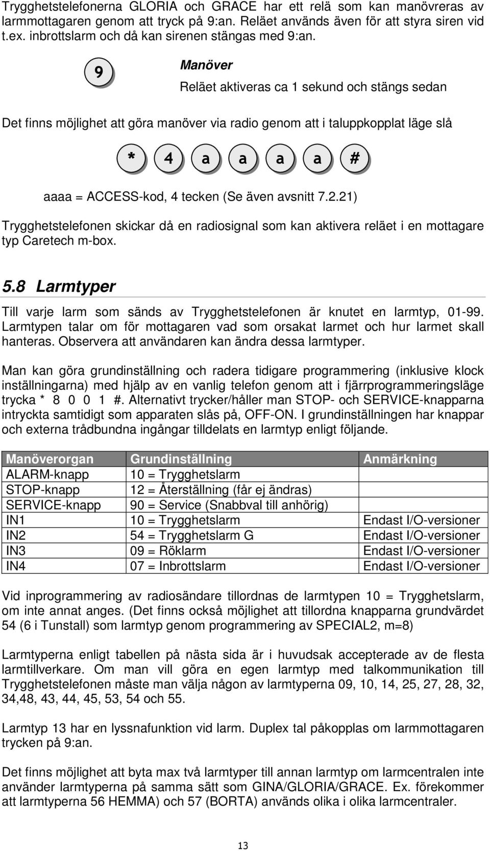 9 Manöver Reläet aktiveras ca 1 sekund och stängs sedan Det finns möjlighet att göra manöver via radio genom att i taluppkopplat läge slå * 4 a a a a # aaaa = ACCESS-kod, 4 tecken (Se även avsnitt 7.