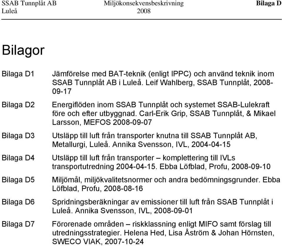 Carl-Erik Grip, SSAB Tunnplåt, & Mikael Larsson, MEFOS 2008-09-07 Utsläpp till luft från transporter knutna till SSAB Tunnplåt AB, Metallurgi, Luleå.