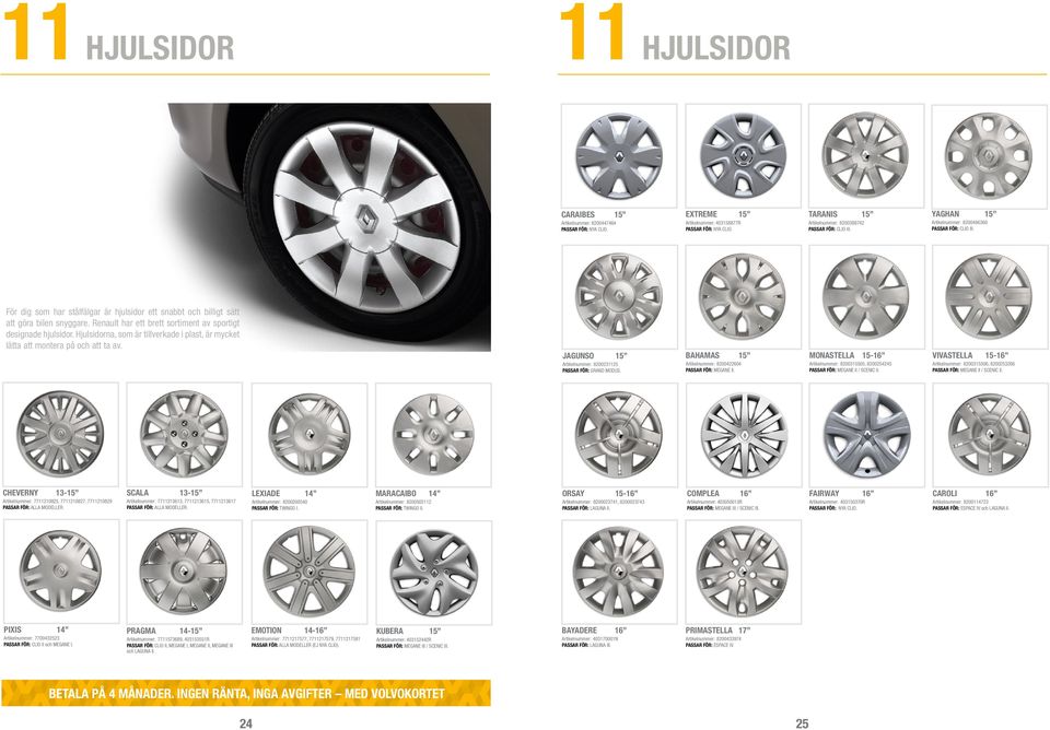 För dig som har stålfälgar är hjulsidor ett snabbt och billigt sätt att göra bilen snyggare. Renault har ett brett sortiment av sportigt designade hjulsidor.