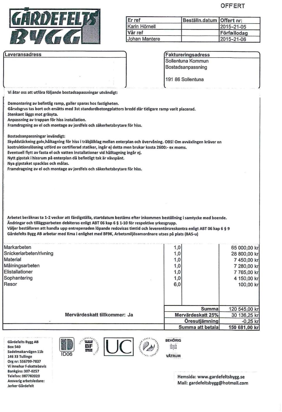 utföra följande bostadsapassningar utvändigt: Demontering av befintlig ramp, galler sparas hos fastigheten.