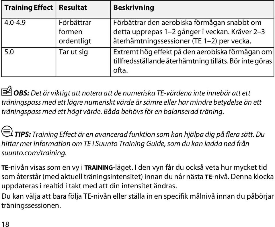 OBS: Det är viktigt att notera att de numeriska TE-värdena inte innebär att ett träningspass med ett lägre numeriskt värde är sämre eller har mindre betydelse än ett träningspass med ett högt värde.