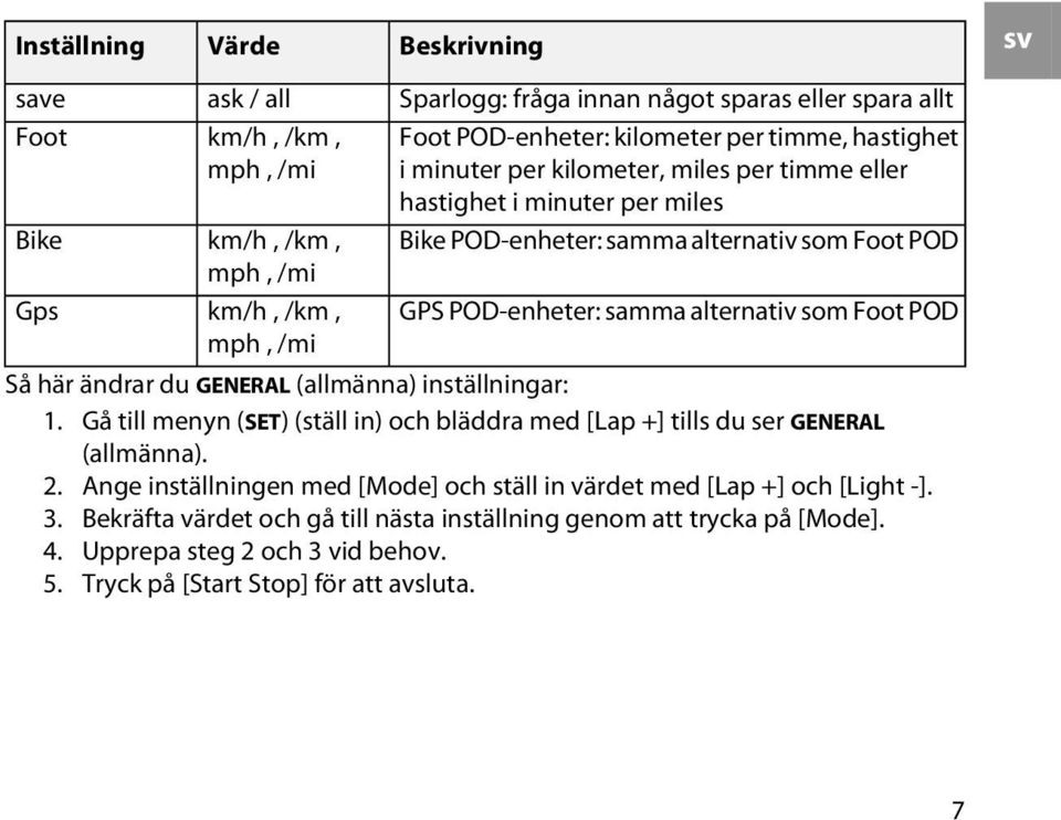 som Foot POD Så här ändrar du GENERAL (allmänna) inställningar: 1. Gå till menyn (SET) (ställ in) och bläddra med [Lap +] tills du ser GENERAL (allmänna). 2.