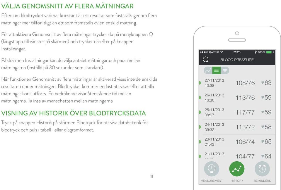 På skärmen Inställningar kan du välja antalet mätningar och paus mellan mätningarna (inställd på 30 sekunder som standard).