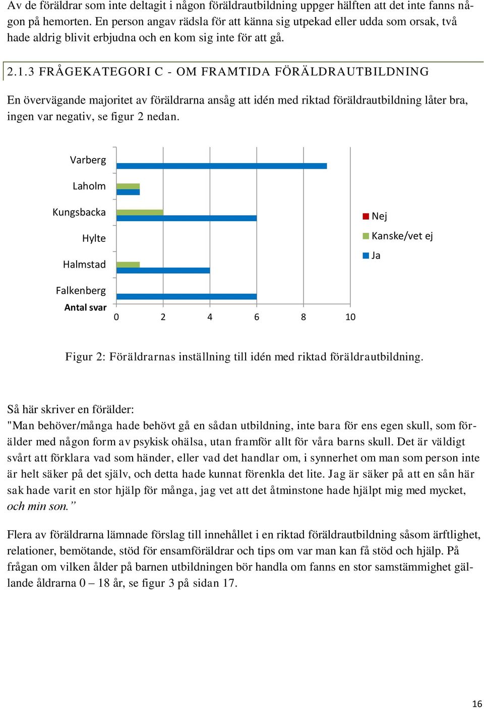 3 FRÅGEKATEGORI C - OM FRAMTIDA FÖRÄLDRAUTBILDNING En övervägande majoritet av föräldrarna ansåg att idén med riktad föräldrautbildning låter bra, ingen var negativ, se figur 2 nedan.