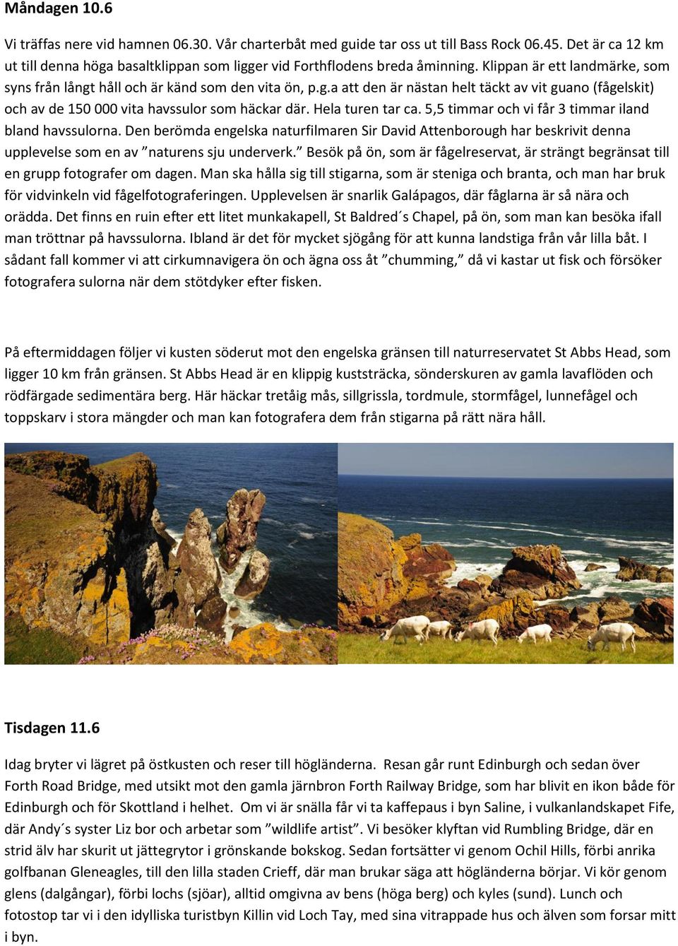 Hela turen tar ca. 5,5 timmar och vi får 3 timmar iland bland havssulorna. Den berömda engelska naturfilmaren Sir David Attenborough har beskrivit denna upplevelse som en av naturens sju underverk.