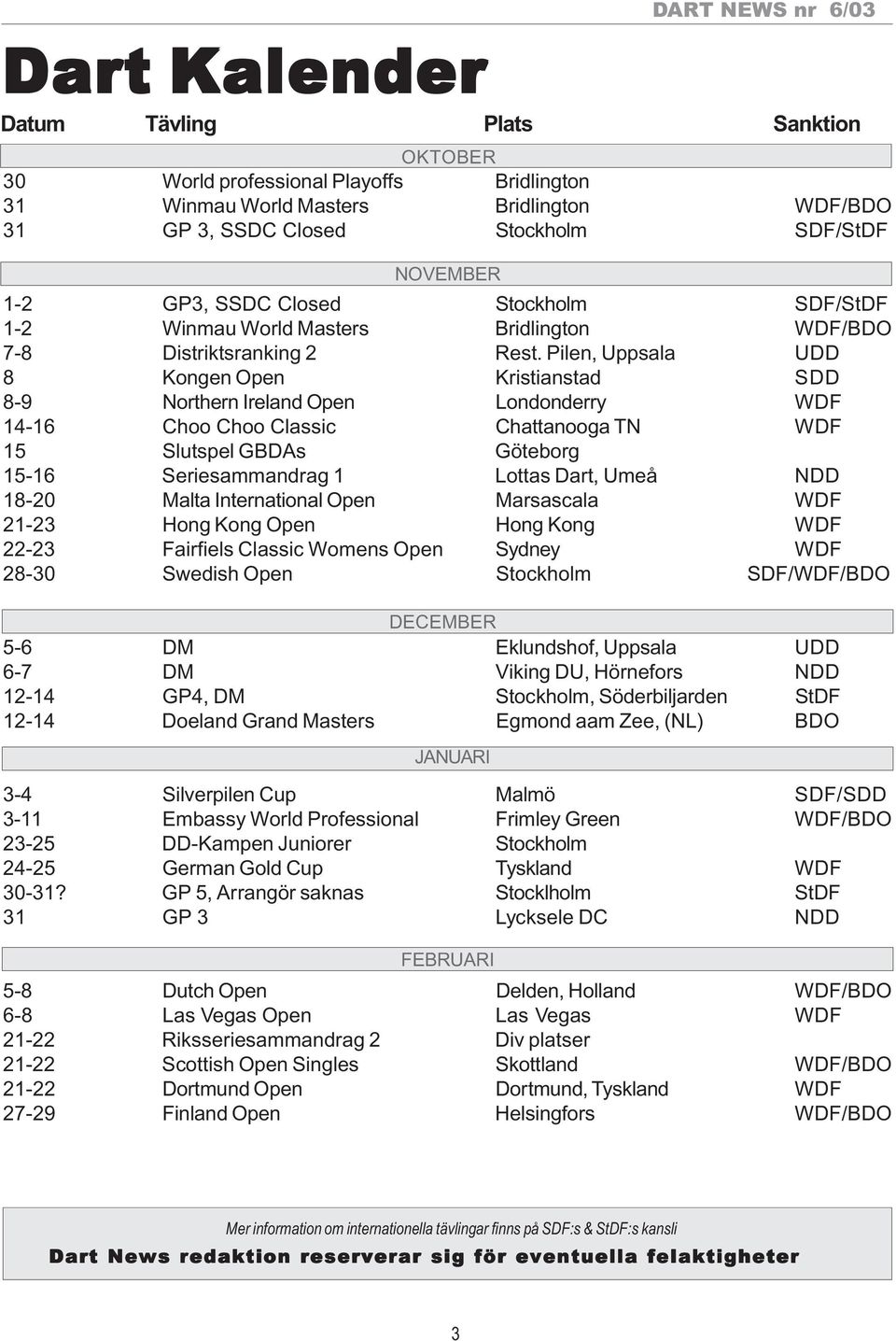 Pilen, Uppsala UDD 8 Kongen Open Kristianstad SDD 8-9 Northern Ireland Open Londonderry WDF 14-16 Choo Choo Classic Chattanooga TN WDF 15 Slutspel GBDAs Göteborg 15-16 Seriesammandrag 1 Lottas Dart,