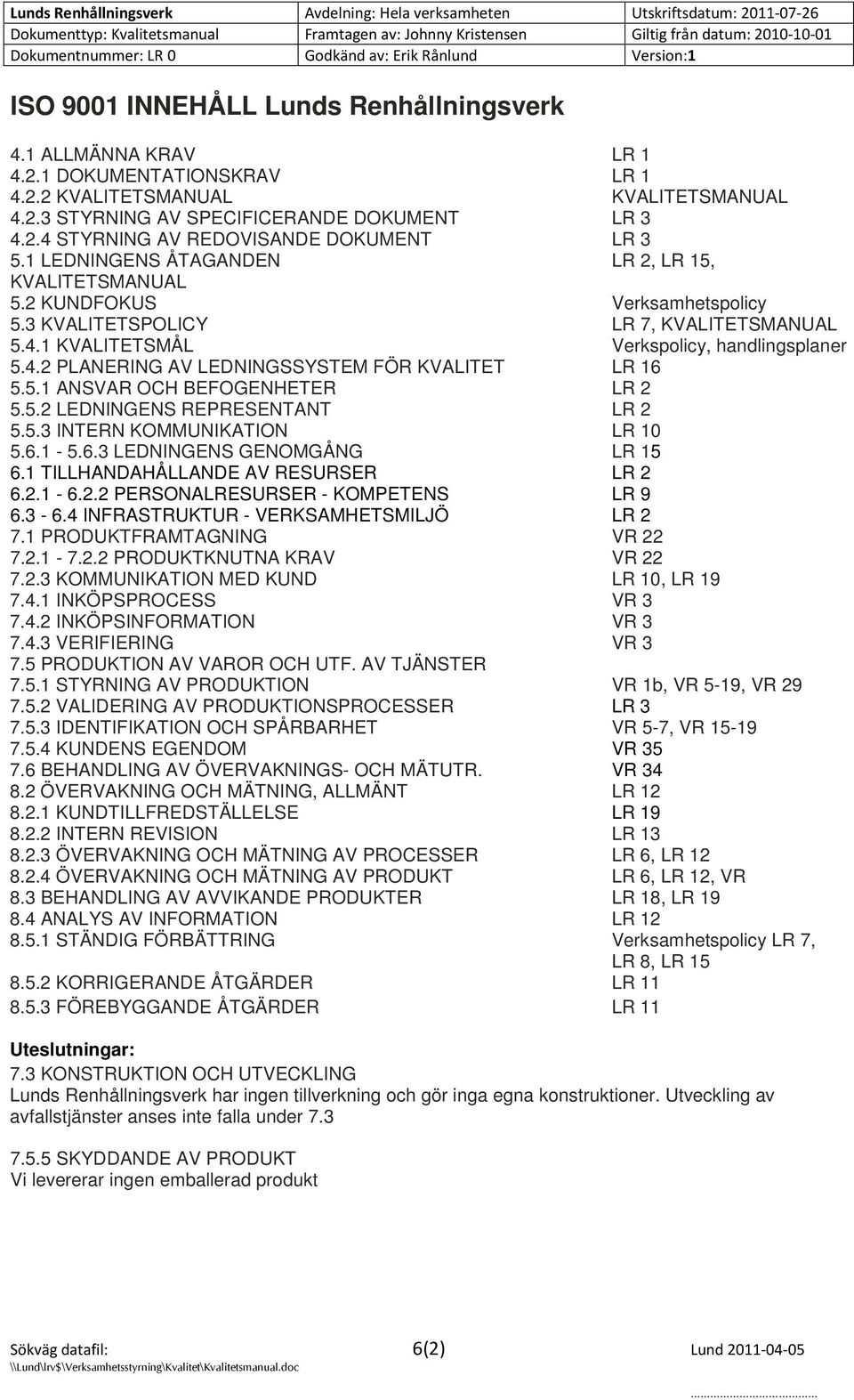 5.1 ANSVAR OCH BEFOGENHETER LR 2 5.5.2 LEDNINGENS REPRESENTANT LR 2 5.5.3 INTERN KOMMUNIKATION LR 10 5.6.1-5.6.3 LEDNINGENS GENOMGÅNG LR 15 6.1 TILLHANDAHÅLLANDE AV RESURSER LR 2 6.2.1-6.2.2 PERSONALRESURSER - KOMPETENS LR 9 6.