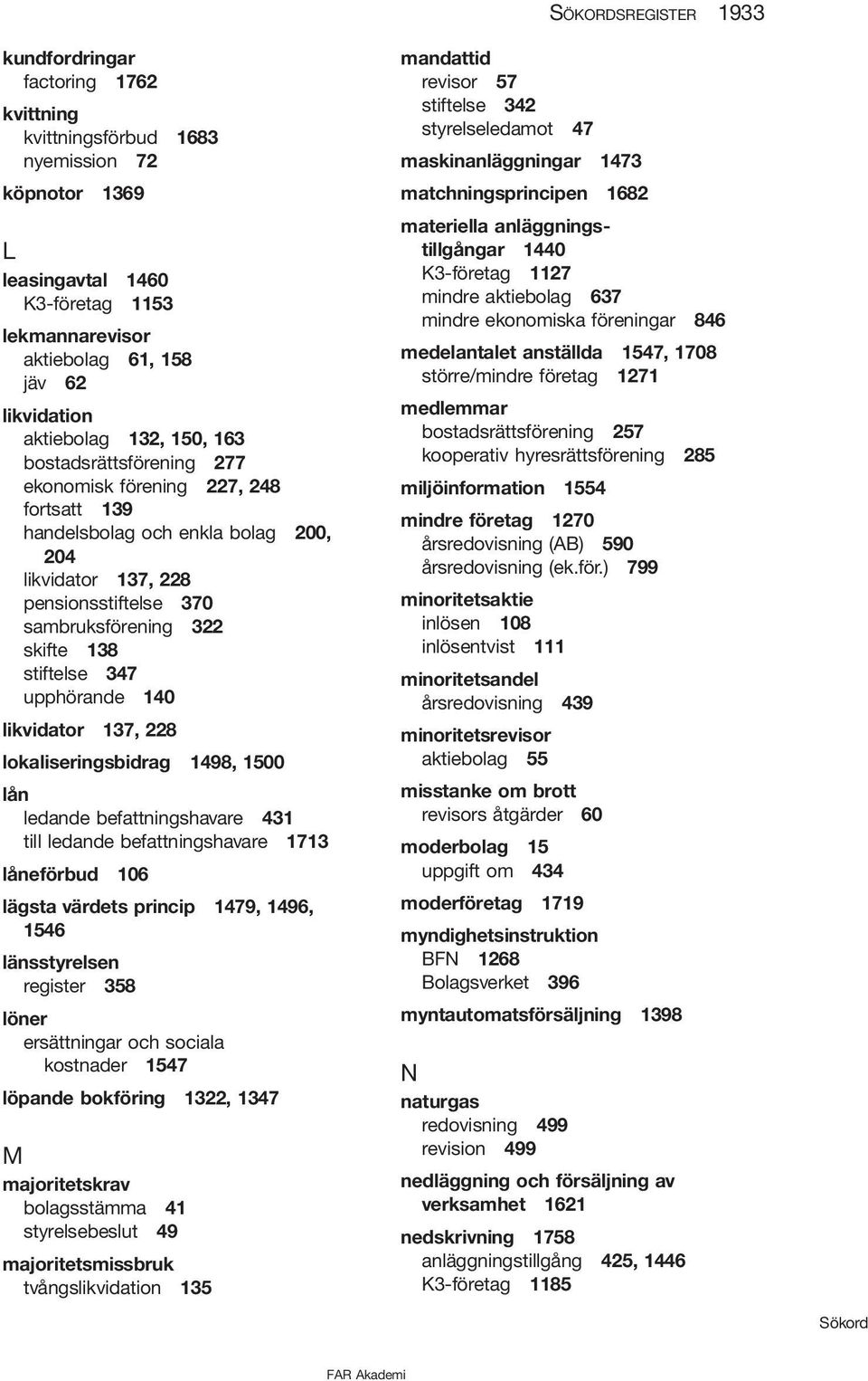 322 skifte 138 stiftelse 347 upphörande 140 likvidator 137, 228 lokaliseringsbidrag 1498, 1500 lån ledande befattningshavare 431 till ledande befattningshavare 1713 låneförbud 106 lägsta värdets