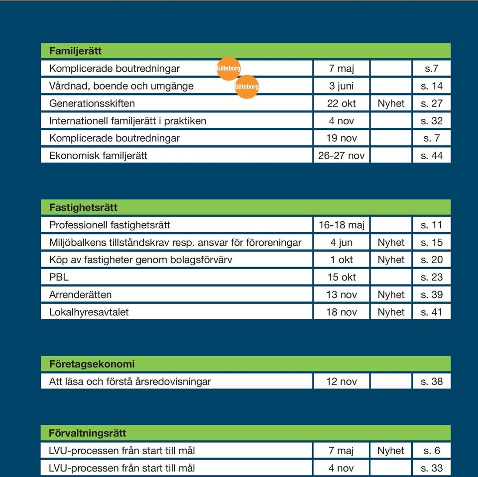 44 Fastighetsrätt Professionell fastighetsrätt 16-18 maj s. 11 Miljöbalkens tillståndskrav resp. ansvar för föroreningar 4 jun Nyhet s.