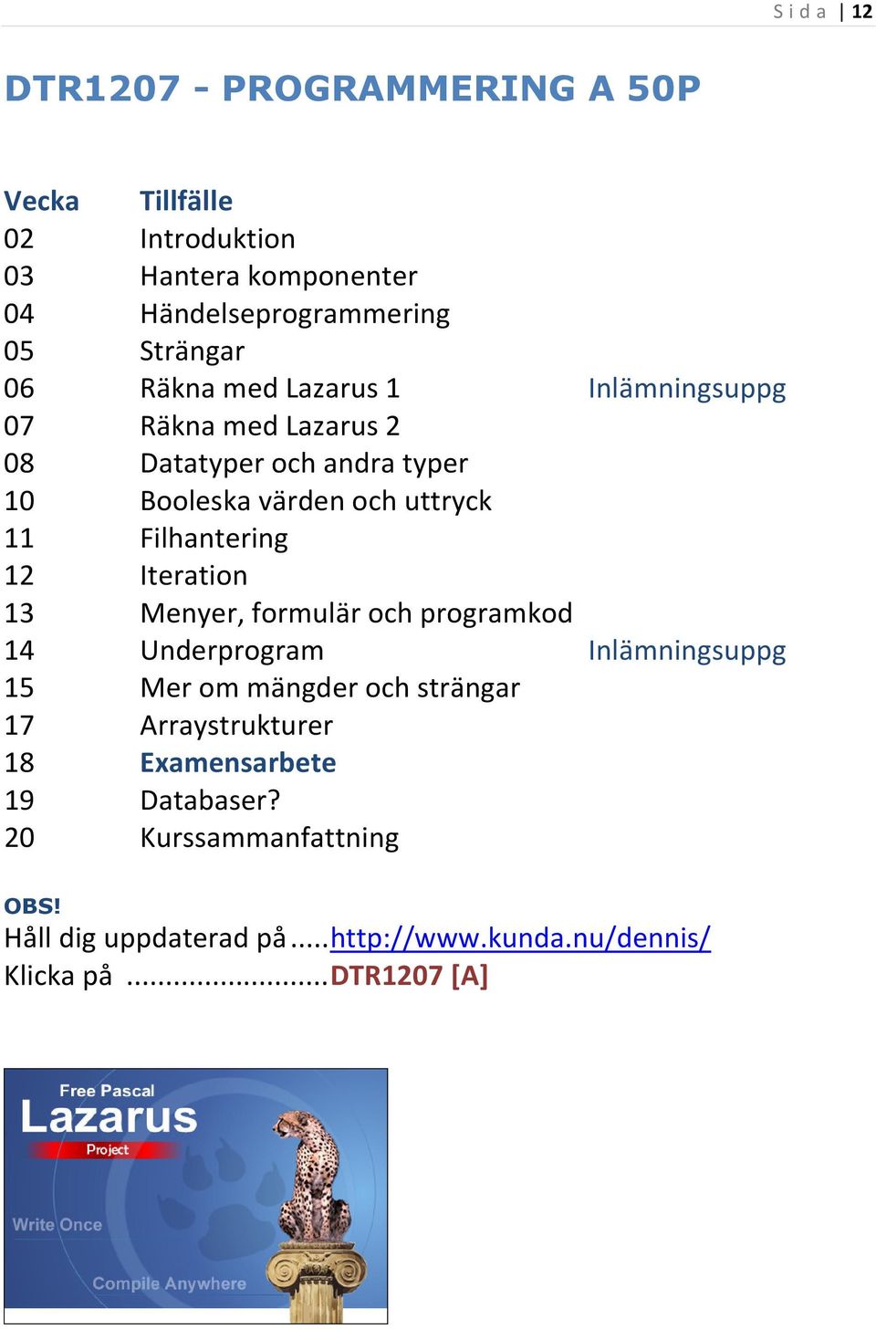 Filhantering 12 Iteration 13 Menyer, formulär och programkod 14 Underprogram Inlämningsuppg 15 Mer om mängder och strängar 17