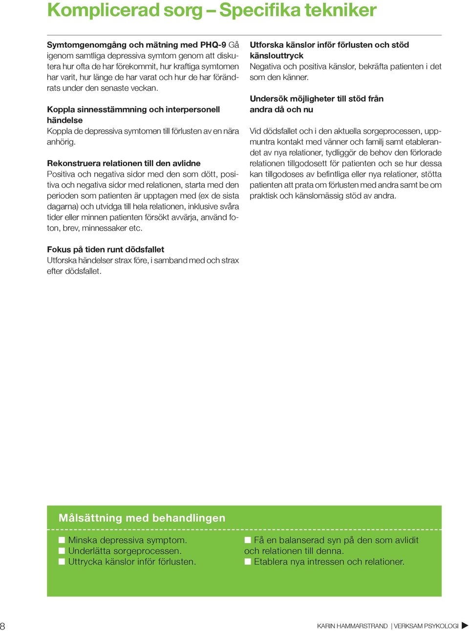 Rekonstruera relationen till den avlidne Positiva och negativa sidor med den som dött, positiva och negativa sidor med relationen, starta med den perioden som patienten är upptagen med (ex de sista