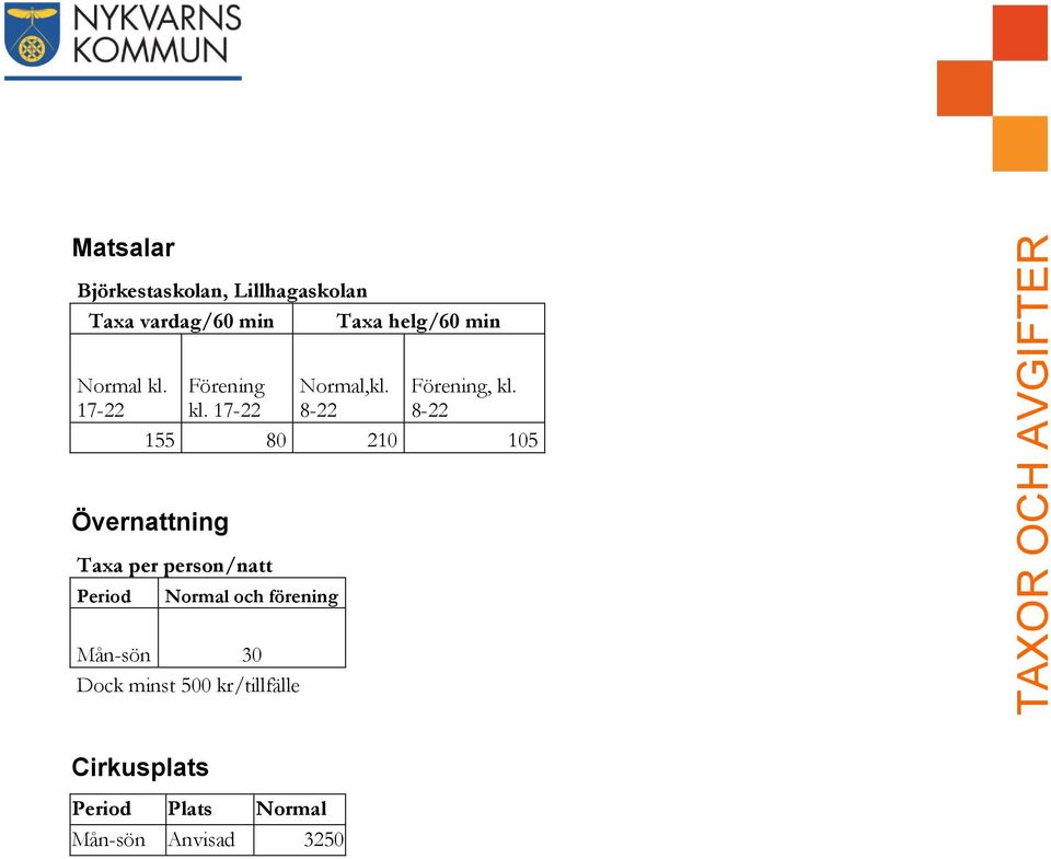 8-22 155 80 210 105 Övernattning Taxa per person/natt Period och