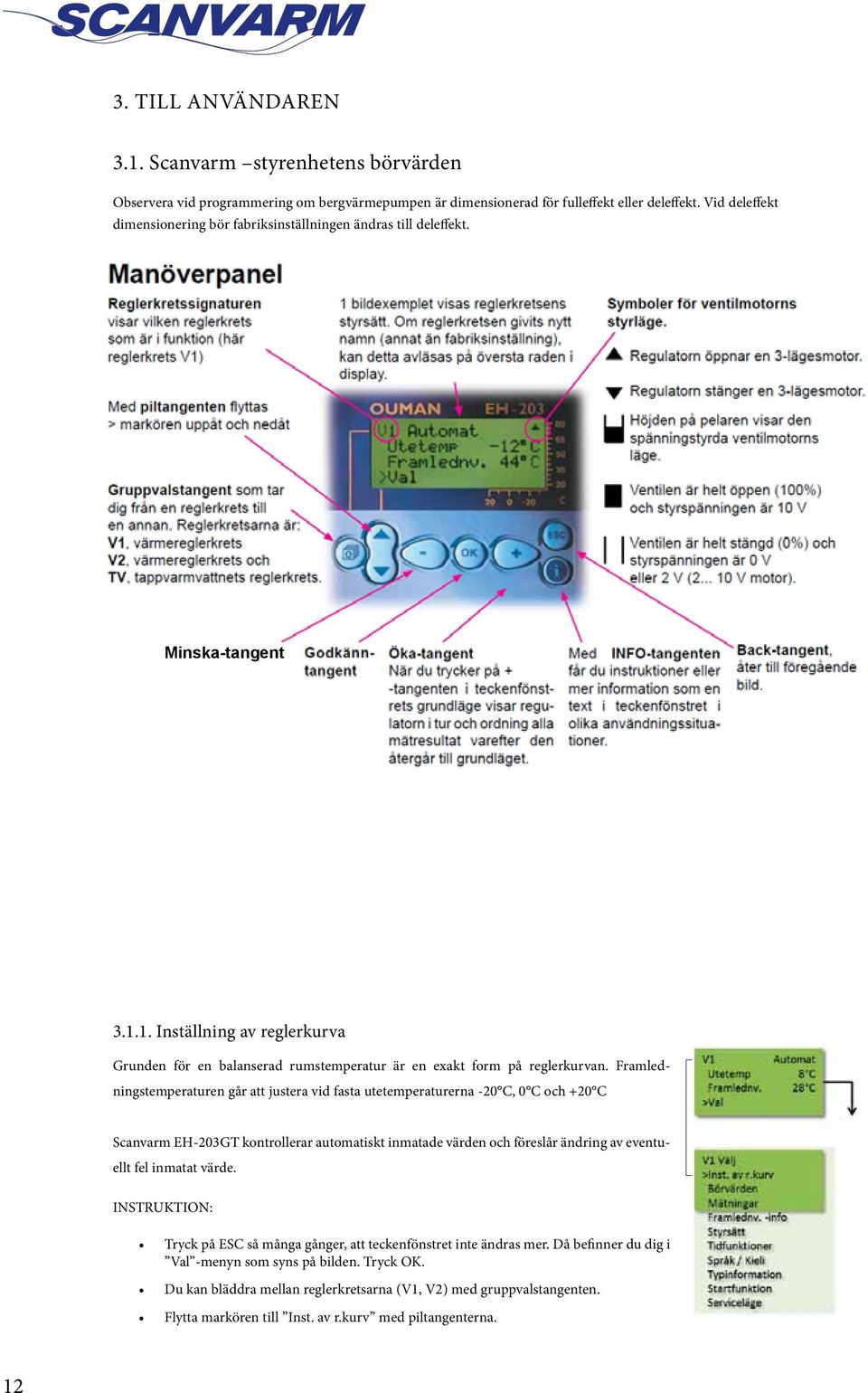 Framledningstemperaturen går att justera vid fasta utetemperaturerna -20 C, 0 C och +20 C Scanvarm EH-203GT kontrollerar automatiskt inmatade värden och föreslår ändring av eventuellt fel inmatat