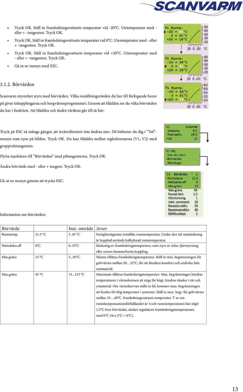 Vilka inställningsvärden du har till förfogande beror på givar inkopplingarna och bergvärmeprogrammet. Genom att bläddra ser du vilka börvärden du har i funktion.