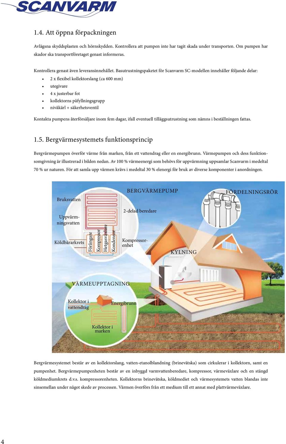 Basutrustningspaketet för Scanvarm SC-modellen innehåller följande delar: 2 x flexibel kollektorslang (ca 600 mm) utegivare 4 x justerbar fot kollektorns påfyllningsgrupp nivåkärl + säkerhetsventil