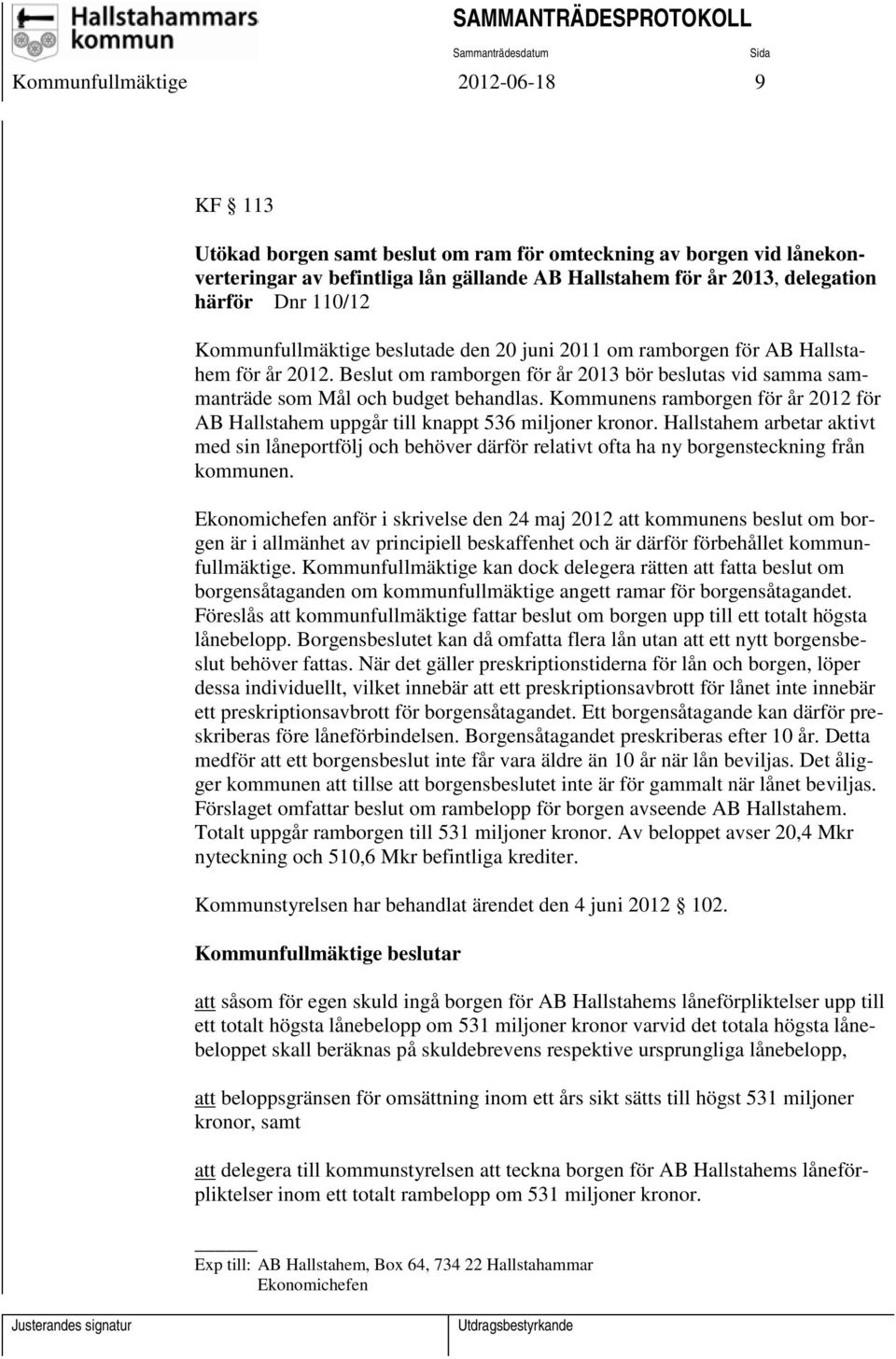 Kommunens ramborgen för år 2012 för AB Hallstahem uppgår till knappt 536 miljoner kronor.