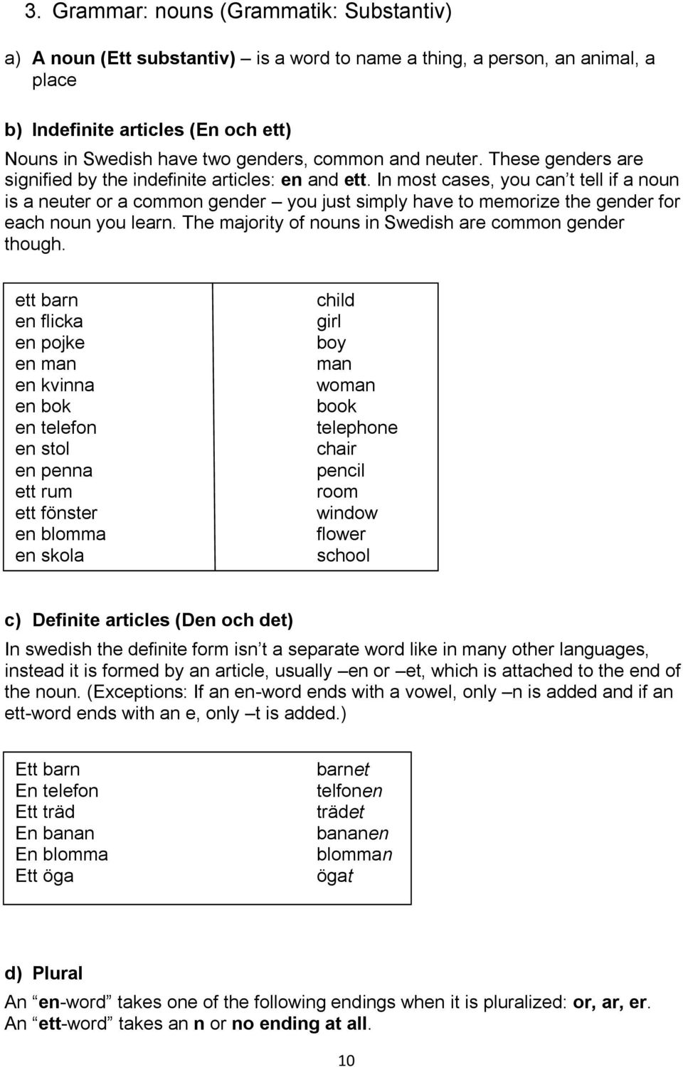 In most cases, you can t tell if a noun is a neuter or a common gender you just simply have to memorize the gender for each noun you learn. The majority of nouns in Swedish are common gender though.
