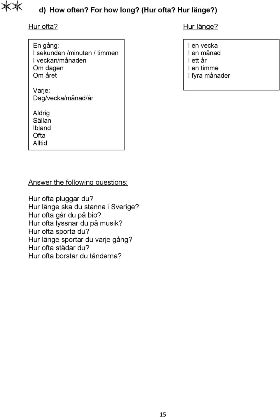 I en vecka I en månad I ett år I en timme I fyra månader Varje: Dag/vecka/månad/år Aldrig Sällan Ibland Ofta Alltid Answer the