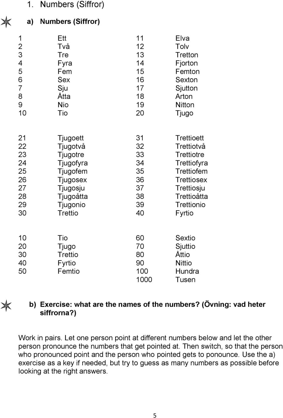 Tjugoåtta 38 Trettioåtta 29 Tjugonio 39 Trettionio 30 Trettio 40 Fyrtio 10 Tio 60 Sextio 20 Tjugo 70 Sjuttio 30 Trettio 80 Åttio 40 Fyrtio 90 Nittio 50 Femtio 100 Hundra 1000 Tusen b) Exercise: what