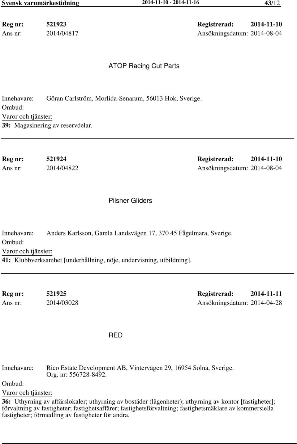 Reg nr: 521924 Registrerad: 2014-11-10 Ans nr: 2014/04822 Ansökningsdatum: 2014-08-04 Pilsner Gliders Anders Karlsson, Gamla Landsvägen 17, 370 45 Fågelmara, Sverige.