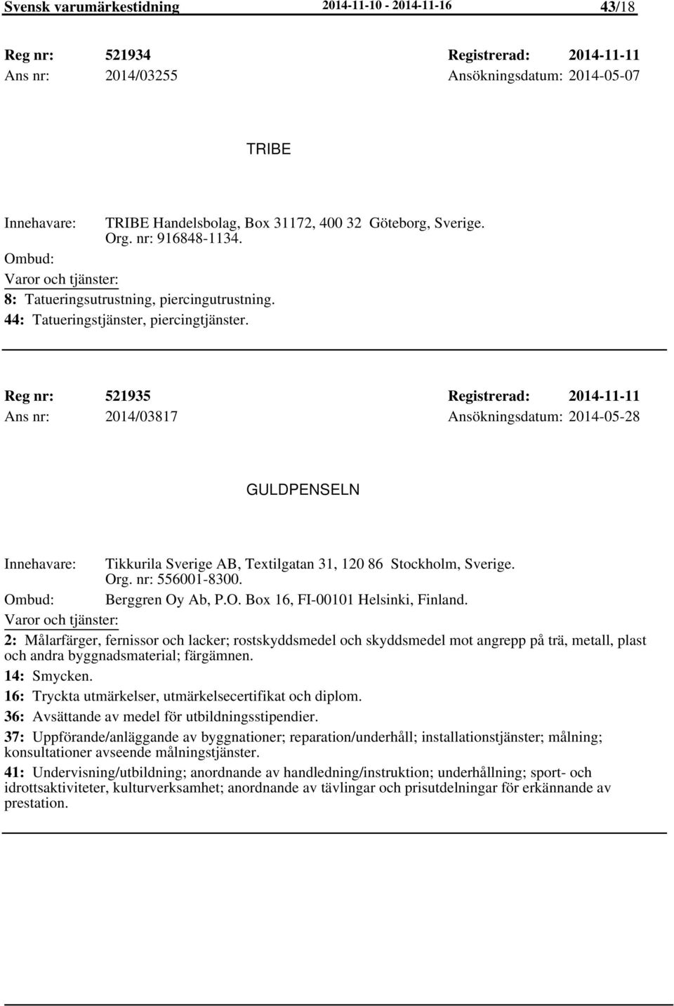 Reg nr: 521935 Registrerad: 2014-11-11 Ans nr: 2014/03817 Ansökningsdatum: 2014-05-28 GULDPENSELN Tikkurila Sverige AB, Textilgatan 31, 120 86 Stockholm, Sverige. Org. nr: 556001-8300.