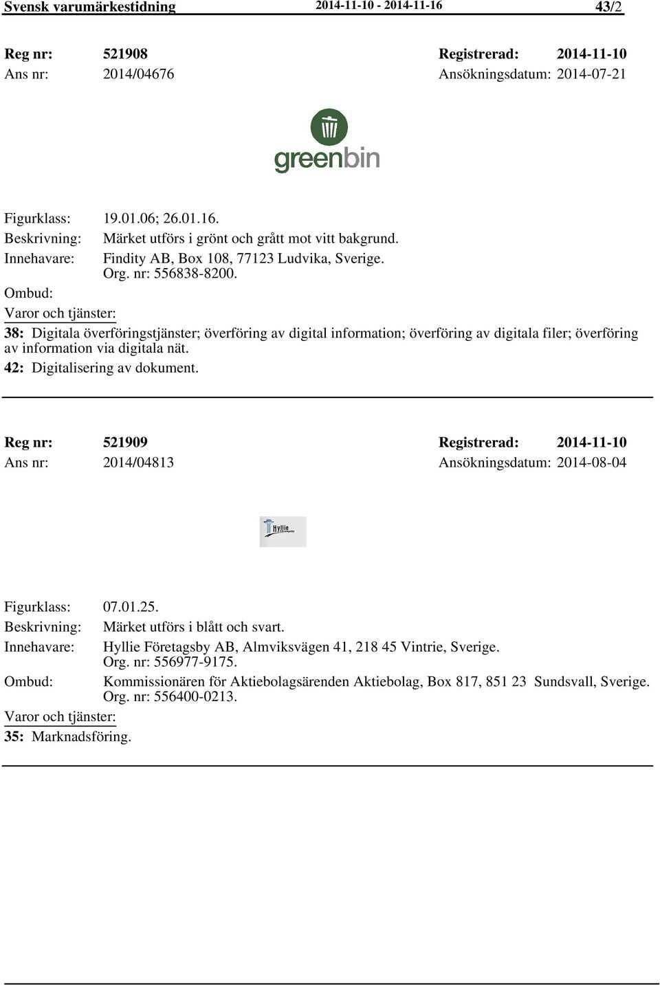 38: Digitala överföringstjänster; överföring av digital information; överföring av digitala filer; överföring av information via digitala nät. 42: Digitalisering av dokument.