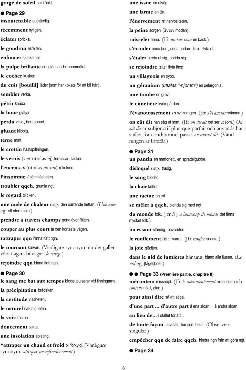 le vernis (s-et uttalas ej) fernissan, lacken. l encens m (uttalas anssan) rökelsen. l insomnie f sömnlösheten. troubler qqch. grumla ngt. le regard blicken. une nuée de chaleur ung.