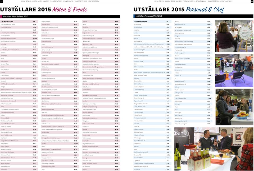 AchieveGlobal L:03 MT Gruppen M:12 7A F:17 Håbo Buss B:02 Sheraton Stockholm Hotel B:08 Addskills J:06 NE Nationalencyklopedin AB K:08 Arenabolaget i Linköping D:08 IchiBan Event A:04 Siggesta Gård