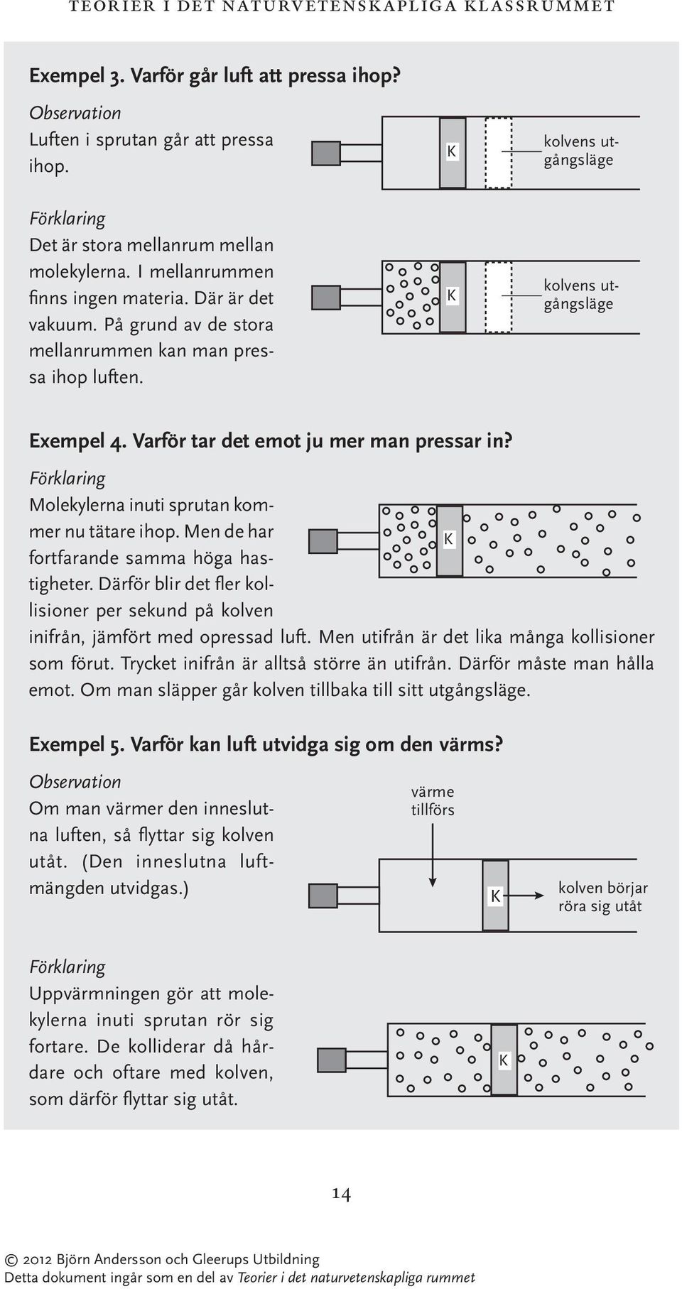 K kolvens utgångsläge Exempel 4. Varför tar det emot ju mer man pressar in? Förklaring Molekylerna inuti sprutan kommer nu tätare ihop. Men de har K fortfarande samma höga hastigheter.