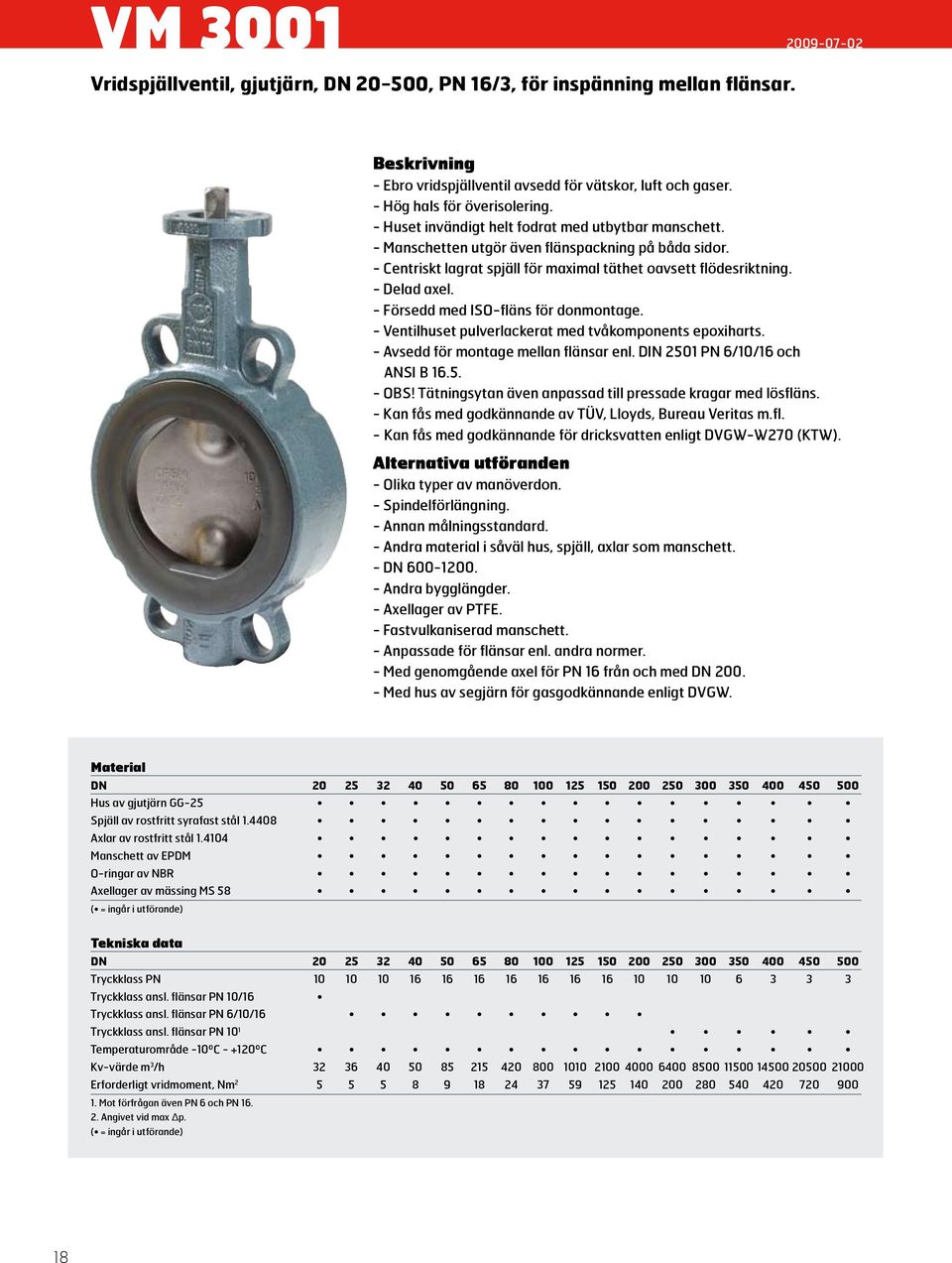 - Försedd med ISO-fläns för donmontage. - Ventilhuset pulverlackerat med tvåkomponents epoxiharts. - Avsedd för montage mellan flänsar enl. DIN 2501 PN 6/10/16 och ANSI B 16.5. - OBS!