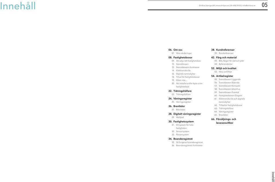 Tidningshållare 24. Våningsregister 25. Våningsregister 26. Brevlådor 27. Brevlådor 28. Digitalt våningsregister 29. Wallpad 30. Fastighetssystem 31. Ett system för hela fastigheten 32.