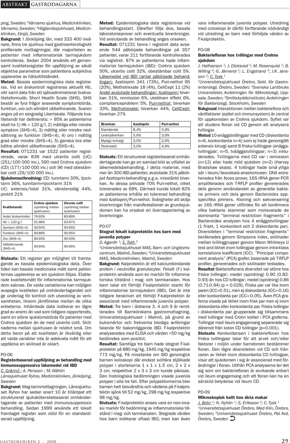 Sedan 2004 används ett gemensamt kvalitetsregister för uppföljning av såväl objektiva parametrar som patientens subjektiva upplevelse av hälsotillståndet.