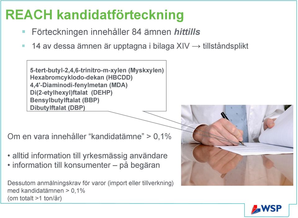 (DEHP) Bensylbutylftalat (BBP) Dibutylftalat (DBP) Om en vara innehåller kandidatämne > 0,1% alltid information till yrkesmässig