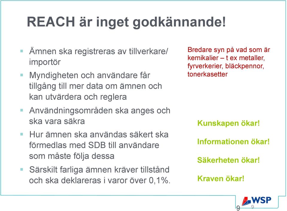 reglera Användningsområden ska anges och ska vara säkra Hur ämnen ska användas säkert ska förmedlas med SDB till användare som måste