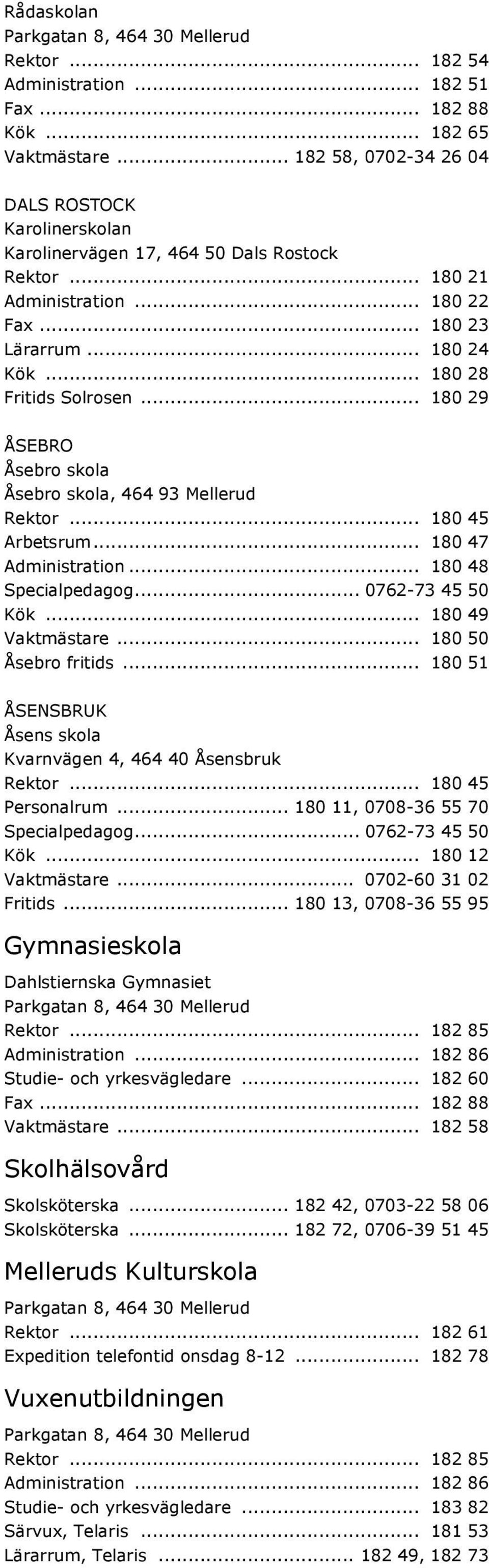 .. 180 29 ÅSEBRO Åsebro skola Åsebro skola, 464 93 Mellerud Rektor... 180 45 Arbetsrum... 180 47 Administration... 180 48 Specialpedagog... 0762-73 45 50 Kök... 180 49 Vaktmästare.