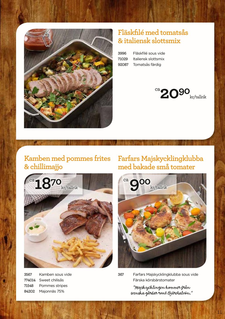 Majskycklingklubba med bakade små tomater 3567 Kamben sous vide 774014 Sweet chilisås 71548 Pommes stripes 84202