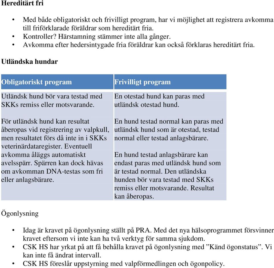 Utländska hundar Obligatoriskt program Utländsk hund bör vara testad med SKKs remiss eller motsvarande.