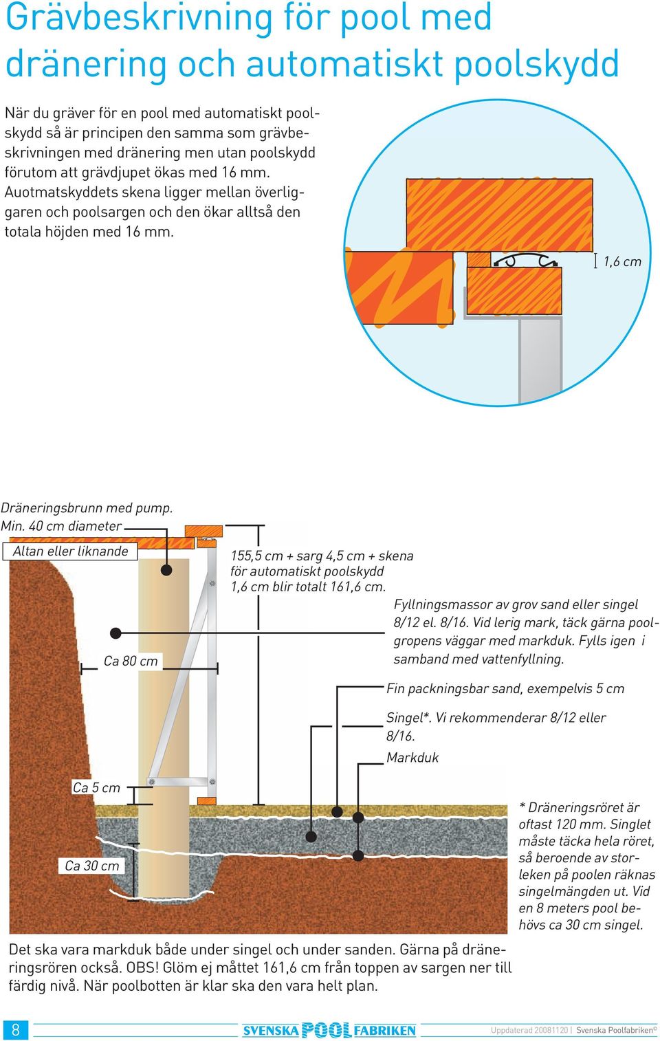 40 cm diameter Altan eller liknande Ca 80 cm 55,5 cm + sarg 4,5 cm + skena för automatiskt poolskydd,6 cm blir totalt 6,6 cm. Fyllningsmassor av grov sand eller singel 8/2 el. 8/6.