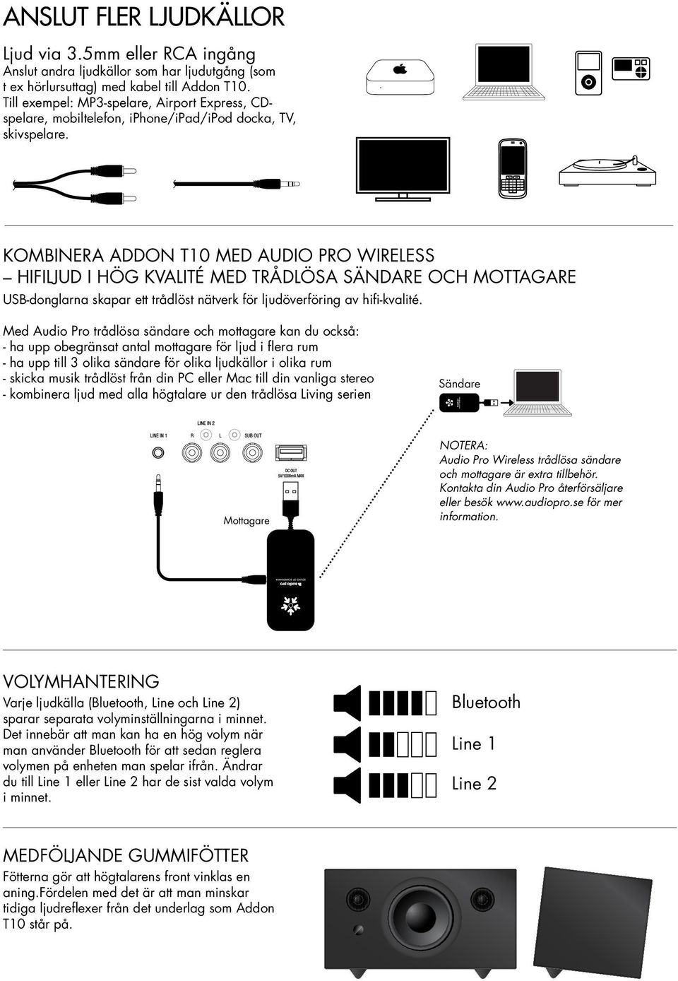 Line 1 - RCA HiFi system, Amplifier, Phono Pre-Amp, TV, CD/DVD/BD-Player, Dockingstation Line 1 - RCA Line 2 - Minijack 3.