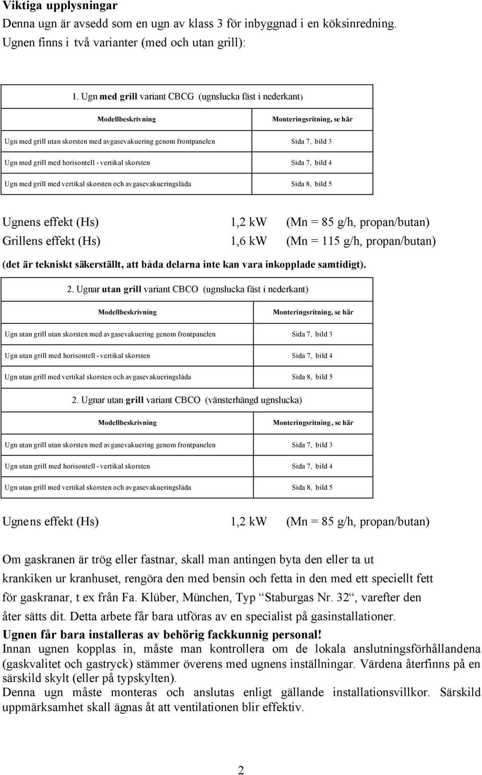horisontell - vertikal skorsten Sida 7, bild 4 Ugn med grill med vertikal skorsten och avgasevakueringslåda Sida 8, bild 5 Ugnens effekt (Hs) 1,2 kw (Mn = 85 g/h, propan/butan) Grillens effekt (Hs)