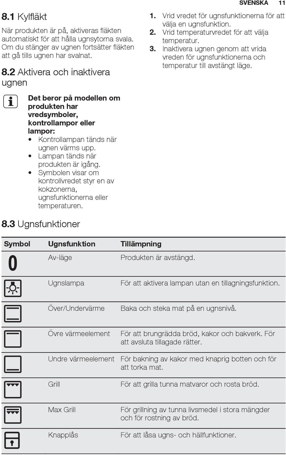Symbolen visar om kontrollvredet styr en av kokzonerna, ugnsfunktionerna eller temperaturen. SVENSKA 11 1. Vrid vredet för ugnsfunktionerna för att välja en ugnsfunktion. 2.