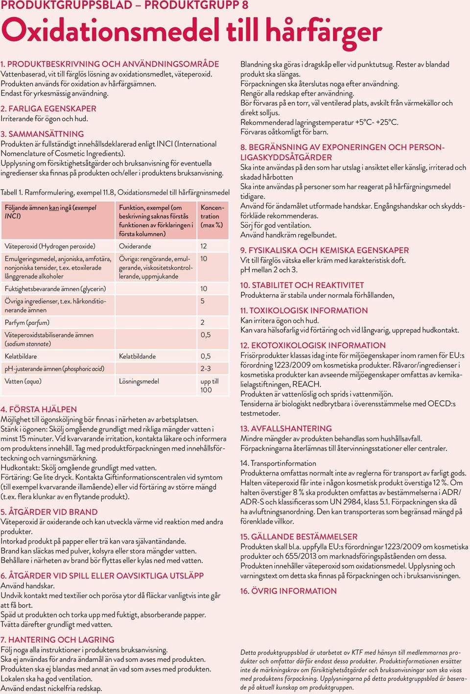 Upplysning om försiktighetsåtgärder och bruksanvisning för eventuella ingredienser ska finnas på produkten och/eller i produktens bruksanvisning. Tabell 1. Ramformulering, exempel 11.