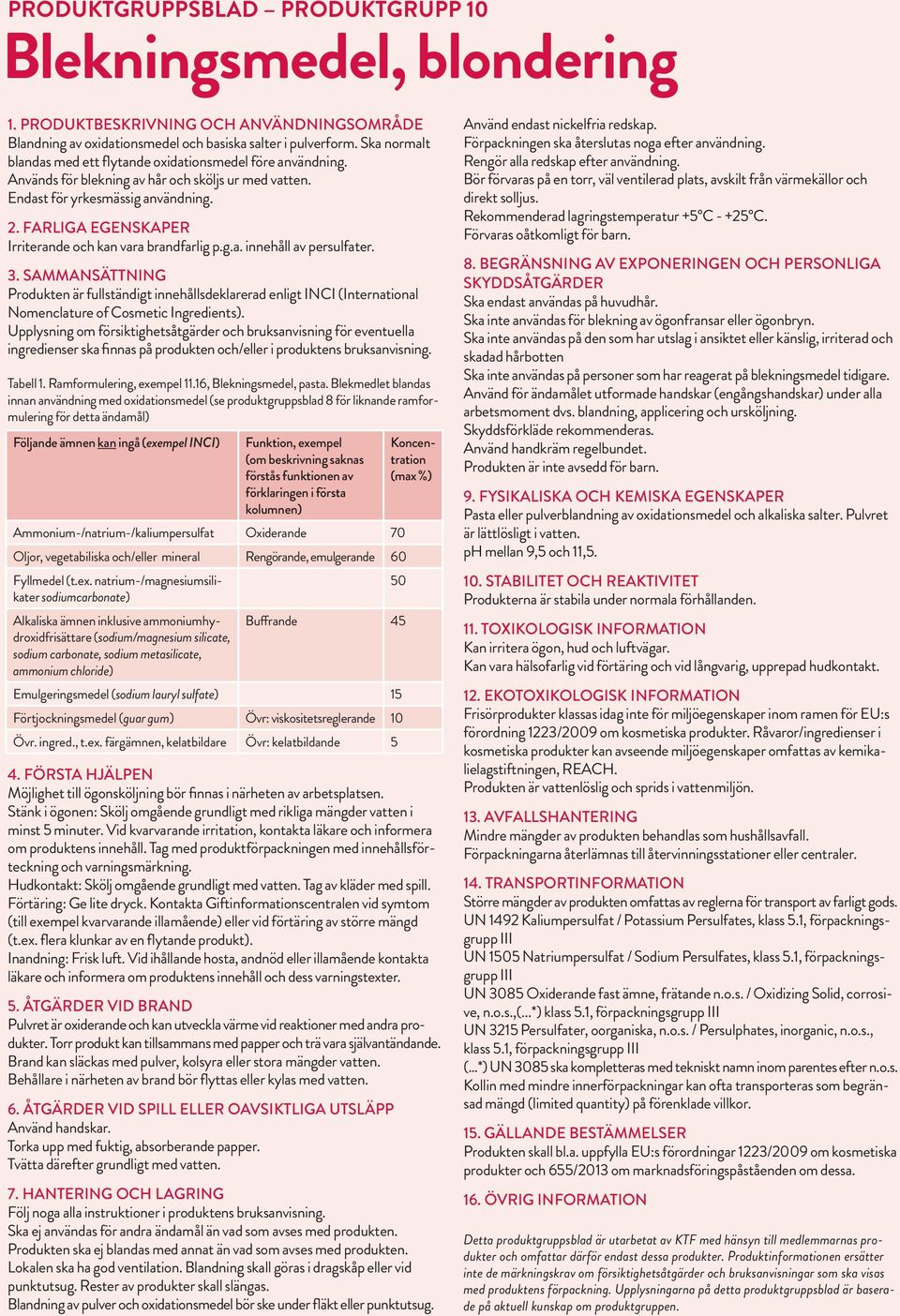 Upplysning om försiktighetsåtgärder och bruksanvisning för eventuella ingredienser ska finnas på produkten och/eller i produktens bruksanvisning. Tabell 1. Ramformulering, exempel 11.