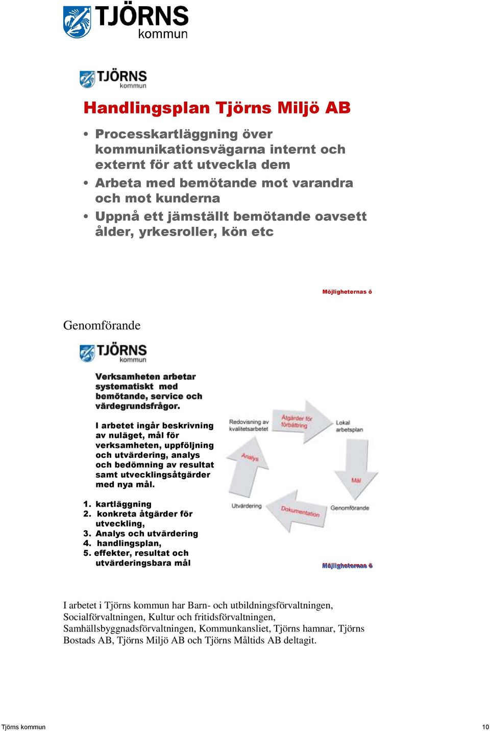 I arbetet ingår beskrivning av nuläget, mål för verksamheten, uppföljning och utvärdering, analys och bedömning av resultat samt utvecklingsåtgärder med nya mål. 1. kartläggning 2.