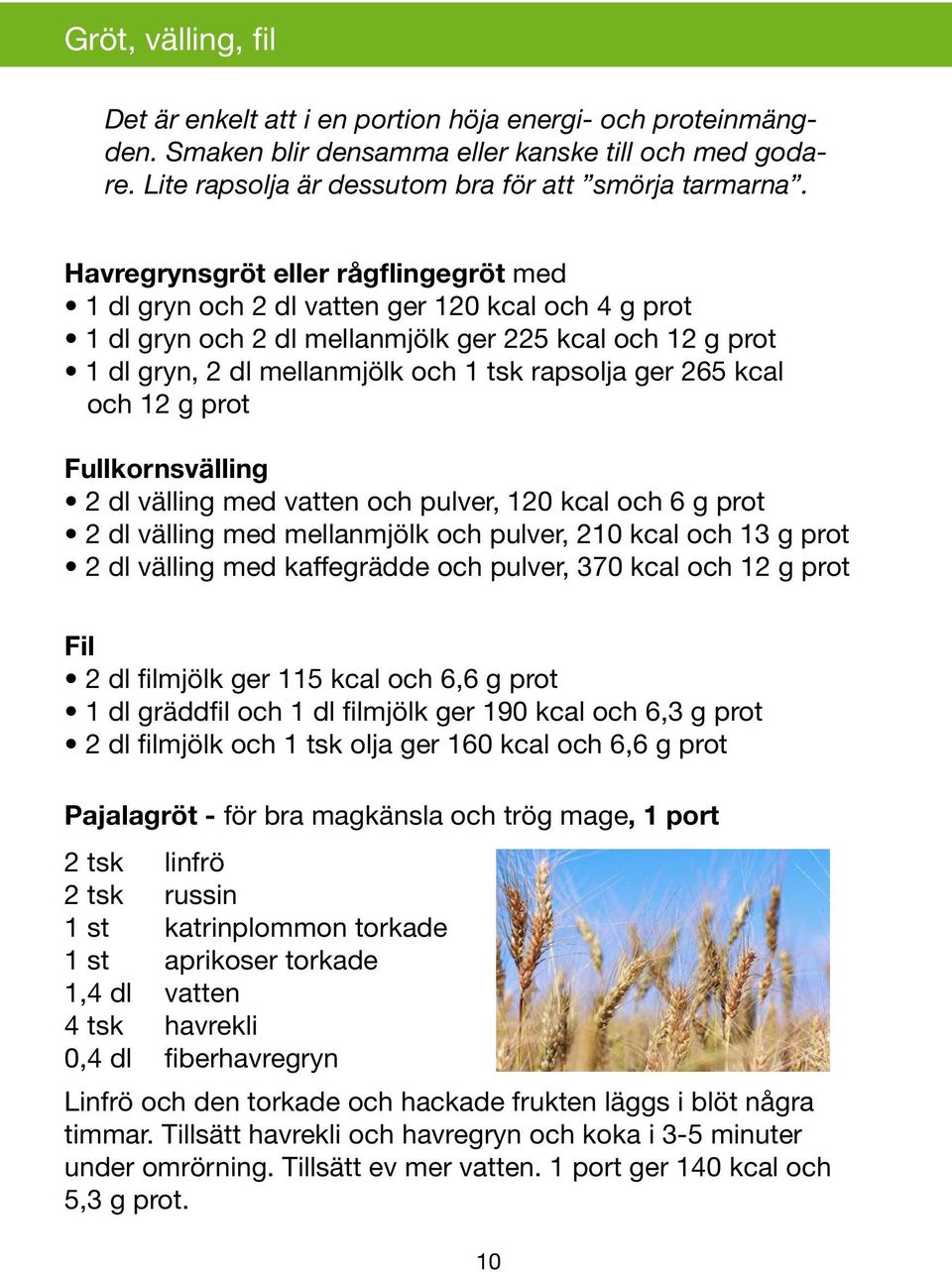 265 kcal och 12 g prot Fullkornsvälling 2 dl välling med vatten och pulver, 120 kcal och 6 g prot 2 dl välling med mellanmjölk och pulver, 210 kcal och 13 g prot 2 dl välling med kaffegrädde och