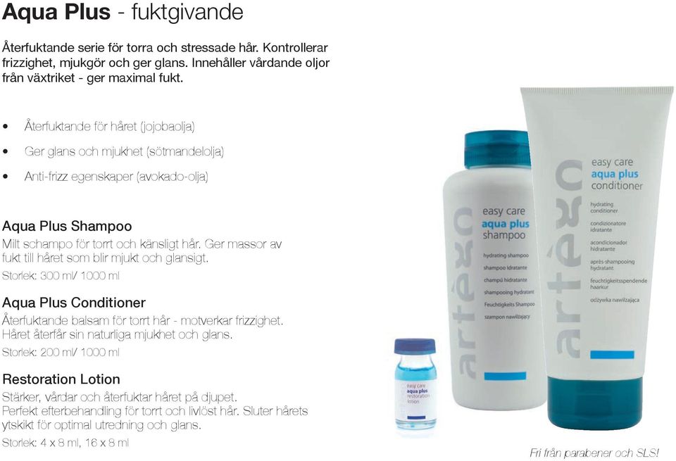 Ger massor av fukt till håret som blir mjukt och glansigt. Storlek: 300 ml/ 1000 ml Aqua Plus Conditioner Återfuktande balsam för torrt hår - motverkar frizzighet.