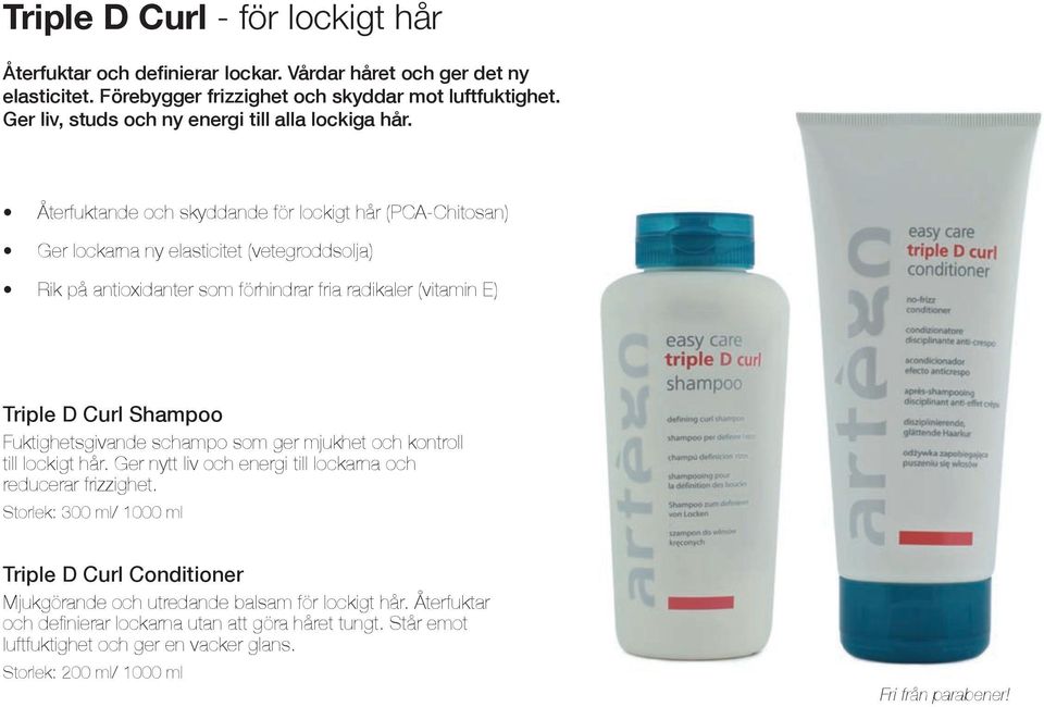 Återfuktande och skyddande för lockigt hår (PCA-Chitosan) Ger lockarna ny elasticitet (vetegroddsolja) Rik på antioxidanter som förhindrar fria radikaler (vitamin E) Triple D Curl Shampoo