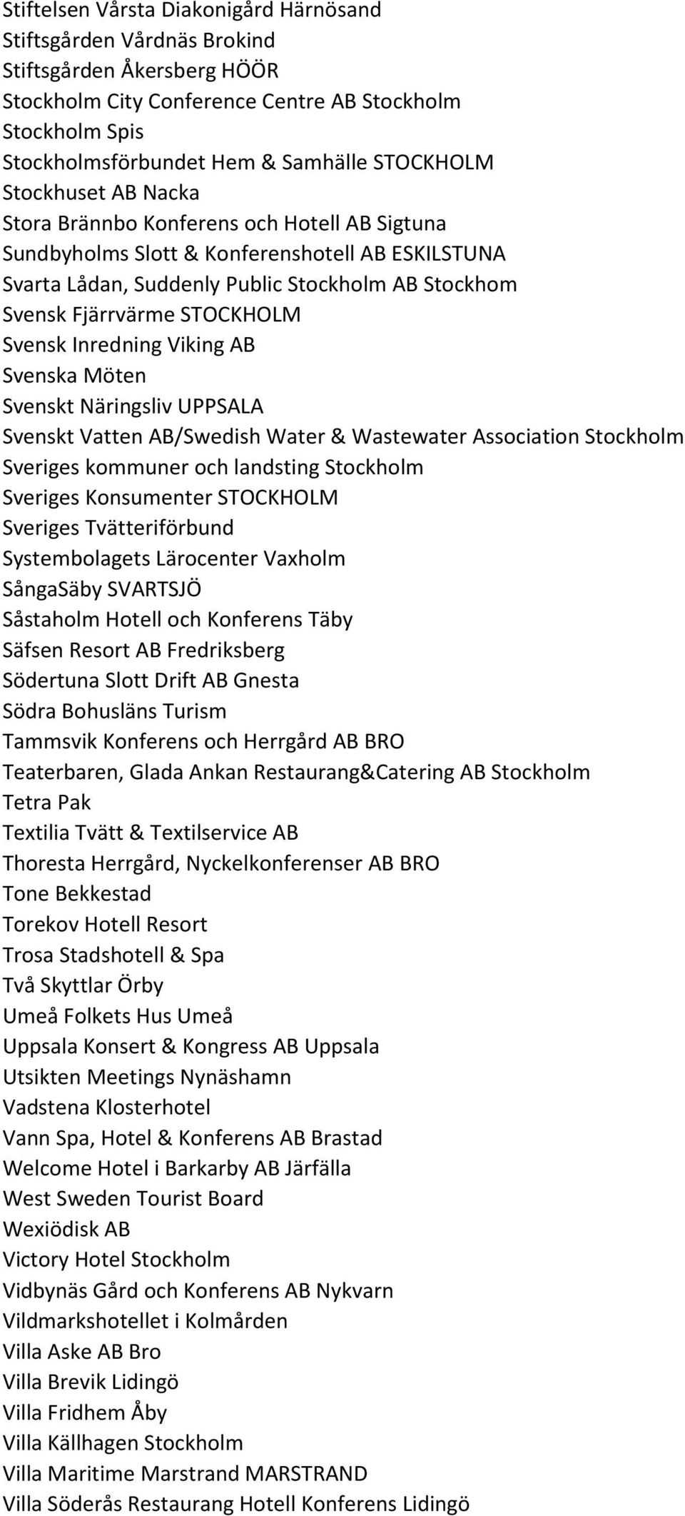 STOCKHOLM Svensk Inredning Viking AB Svenska Möten Svenskt Näringsliv UPPSALA Svenskt Vatten AB/Swedish Water & Wastewater Association Stockholm Sveriges kommuner och landsting Stockholm Sveriges