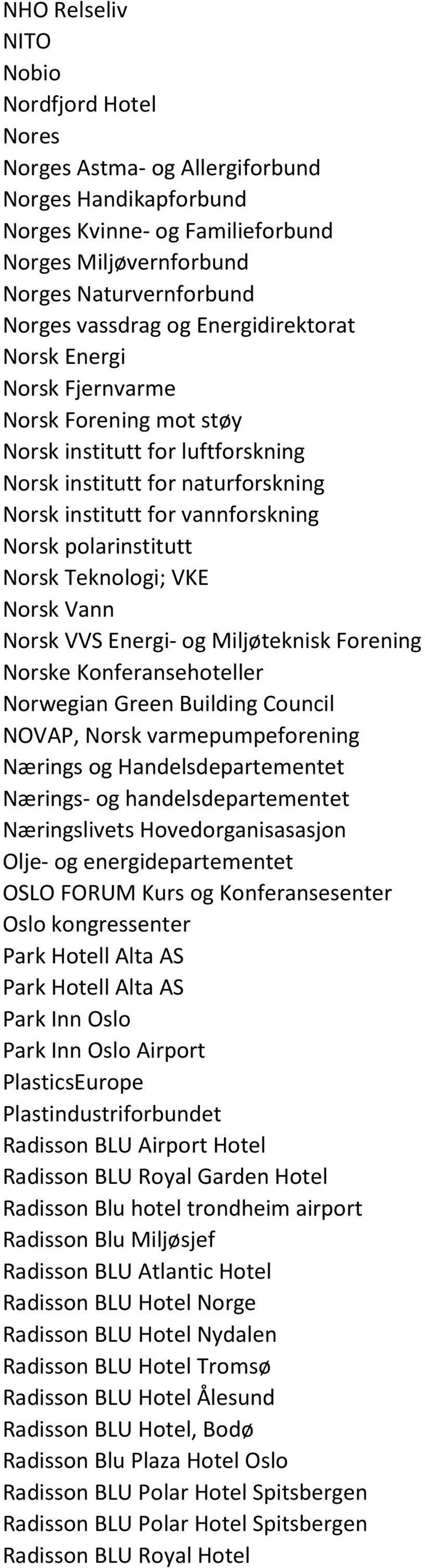 Norsk Teknologi; VKE Norsk Vann Norsk VVS Energi- og Miljøteknisk Forening Norske Konferansehoteller Norwegian Green Building Council NOVAP, Norsk varmepumpeforening Nærings og Handelsdepartementet